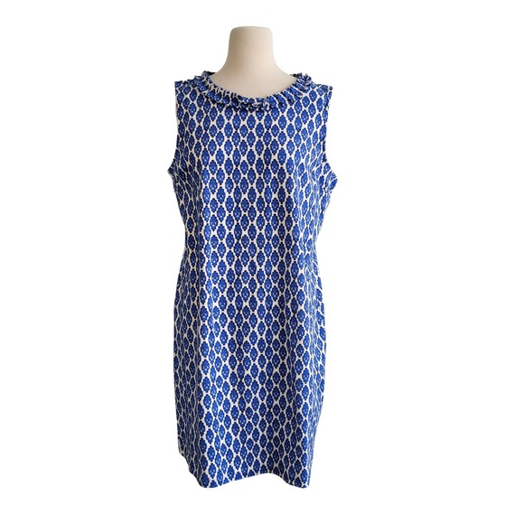 Talbots Petite XL Blue White Geo Ruffle Neck Cotton Shift Dress NWT Knee Length - Picture 2 of 11